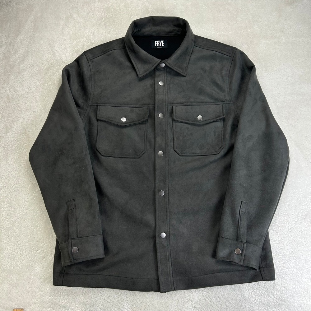 Frye Faux Suede Shirt Jacket Mens M Charcoal Gray Stretch Snap Front Pockets